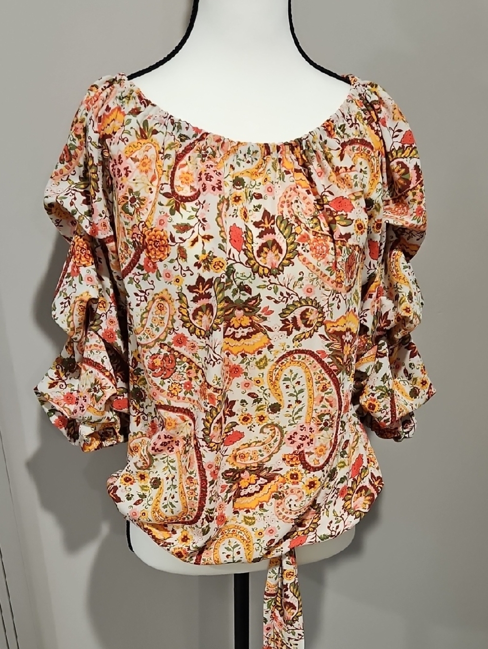 CeCe Cream Paisley On Or Off-Shoulder Blouse with Coral and Mustard Accents